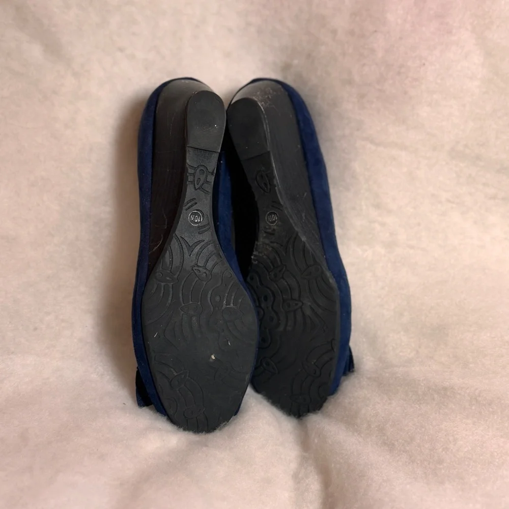 Nicole Navy Soft‎ Peep Toe Flats with Small Chunk Heal & Cute Bow, Sz 10W